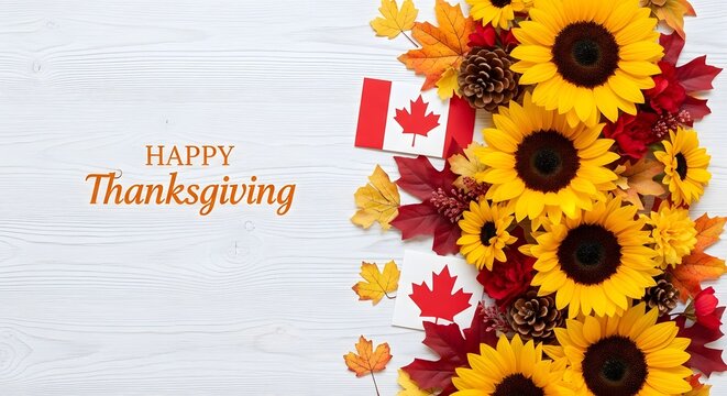 Festive thanksgiving background with sunflowers and colorful autumn leaves on white texture