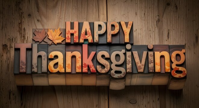 Festive happy thanksgiving wooden letters with autumn leaf on a rustic background
