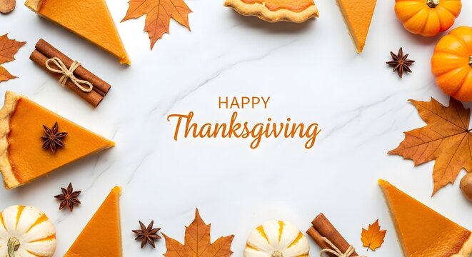 Festive thanksgiving flat lay with pumpkin pie autumn leaves and miniature pumpkins
