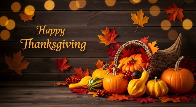 Festive thanksgiving still life with pumpkins gourds and autumn leaves on wooden background