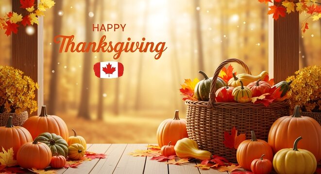 Canadian thanksgiving harvest display with pumpkins gourds and autumn foliage background