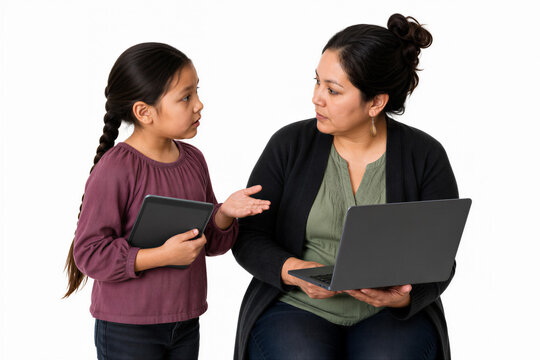 Girl explaining something to woman holding laptop. Education, technology, learning, family interaction, digital devices.