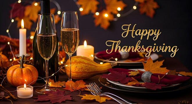 Festive thanksgiving table setting with candles pumpkins and autumn leaves