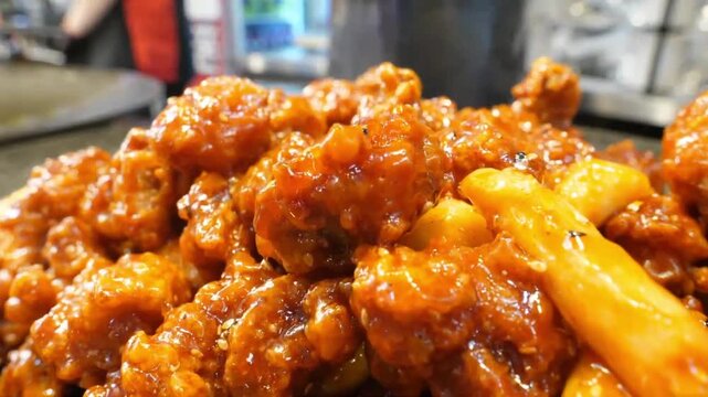 A vibrant, high-energy, close-up shot of crispy boneless orange chicken nuggets being poured and tossed onto a hot cooking surface or wok. The glistening, sweet, and savory glaze catches the light, ma