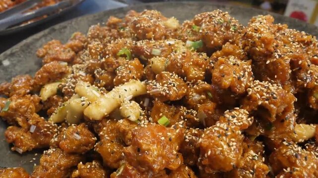 close-up, slow-motion shot of a street food vendor preparing authentic Korean fried chicken (Dakgangjeong) on a large metal platter. The golden, bite-sized chicken pieces are coated in a glossy, stick