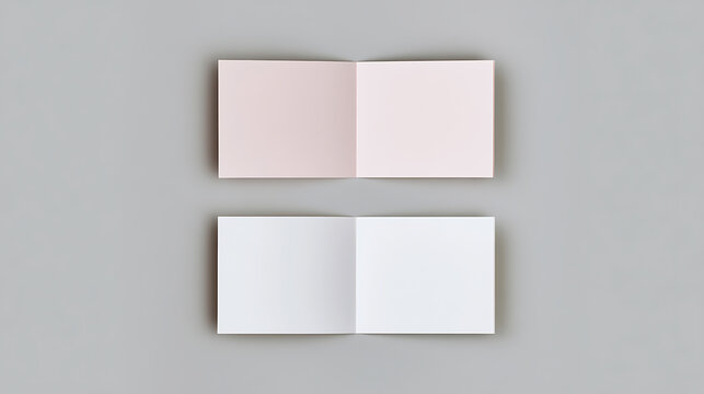 Blank open square brochure mockup layout display on neutral grey background, corporate identity presentation template for graphic design show