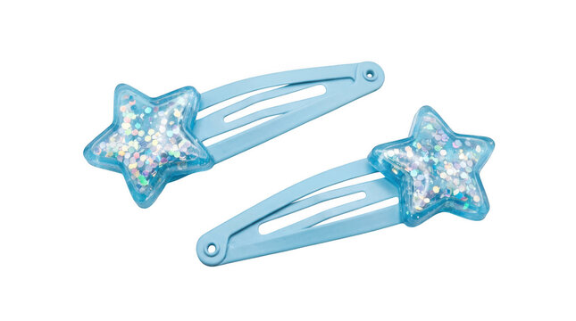 Two blue starshaped hair clips with glitter isolated on transparent background