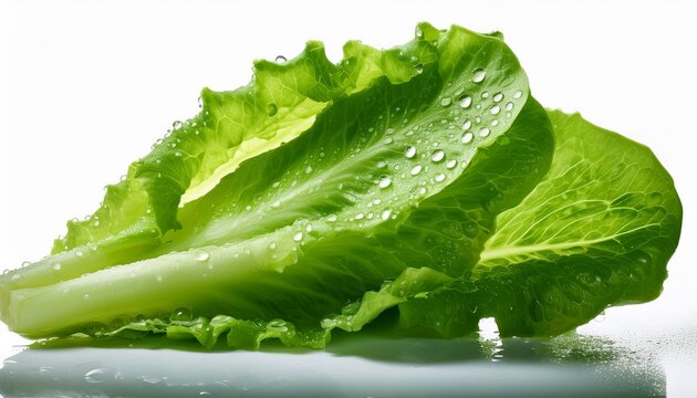 Macro Photography Of Fresh Green Romaine Lettuce Leaves Covered With Sparkling Water Droplets Isolated With Copy Space On White Background