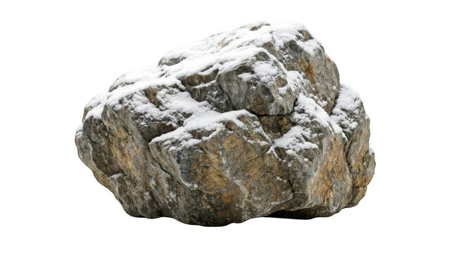 Large natural boulder covered with snow isolated on transparent background