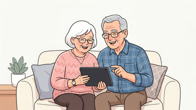 Happy senior couple sharing tablet technology together at home indoors