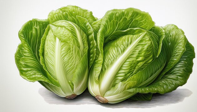Detailed Illustration Of Two Fresh Green Romaine Lettuce Heads With Textured Organic Leaves Isolated On A Plain White Background