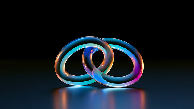 Abstract illustration of two glowing glass rings linked together with vibrant cyan and purple reflections set against a dark background space