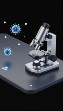 microscope grey surface black background microscope positioned center facing towards right side frame side three blue coronavirus particles floating around microscope particles appear floating air
