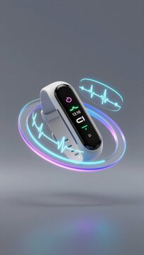 white smartwatch digital display screen watch placed circular platform blue purple wave like design around wave two lines one blue one purple form heartbeat line background gradient grey blue