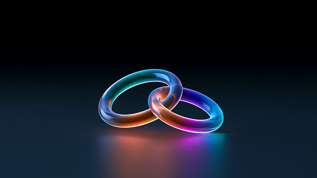 Abstract illustration of two colorful glowing glass rings linked together on a dark background representing connection and unity in design