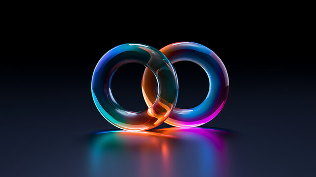 Two glossy interconnected glass torus rings glow with vibrant neon blue and orange light on a dark studio surface for modern concepts