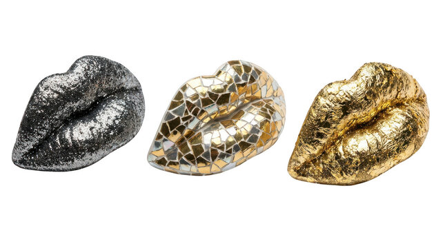 Three decorative lips sculptures isolated on transparent background