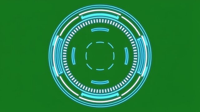 Futuristic digital HUD interface with concentric neon blue circles and technical data graphics on a solid green background