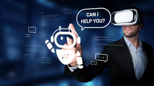 Businessman in virtual reality headset interacting with chatbot, illustrating technology, communication, and innovation in customer service environments Gluon.