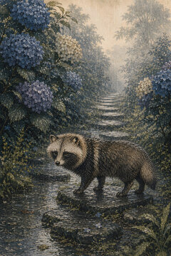 Japanese Raccoon Dog on a Rainy Garden Path Surrounded by Hydrangeas