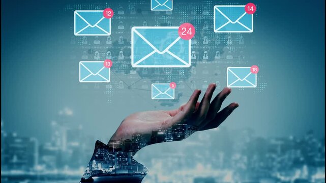 Hand Reaching Out to Floating Email Notifications and Messages Against a Background of City Lights and Digital Graphics Sigmoid