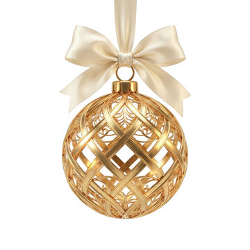 Elegant golden decorative christmas bauble with intricate lattice pattern and silk ribbon bow isolated on transparent background
