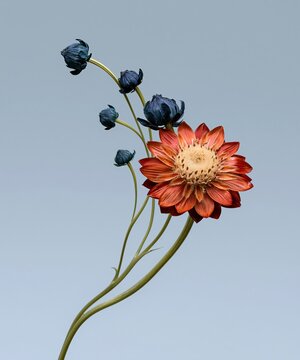Burnt orange strawflower in full bloom with papery petals and blue seed heads, featuring a minimalist composition with copy space for banners