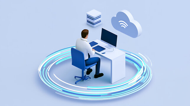 Isometric illustration of a male professional work on desktop computer in modern office with digital cloud network data transfer server con