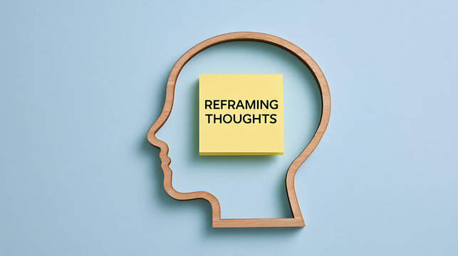 A wooden head silhouette outline frames a yellow note with text reframing thoughts on a soft blue background for psychological health