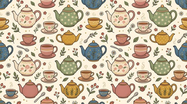 Charming pastel teapot and teacup seamless pattern with floral accents on a cream background for tea branding, kitchen textiles, stationery and decor
