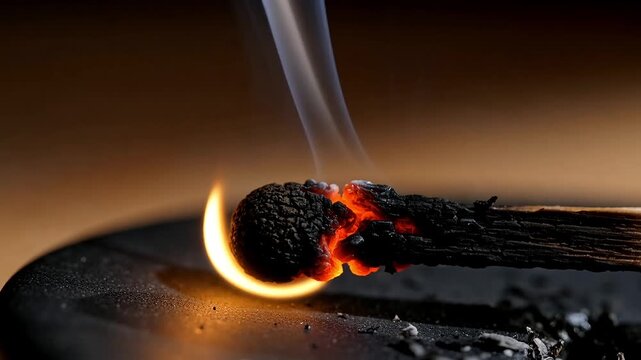 Extinguished wooden matchstick smoldering with delicate smoke and glowing ember