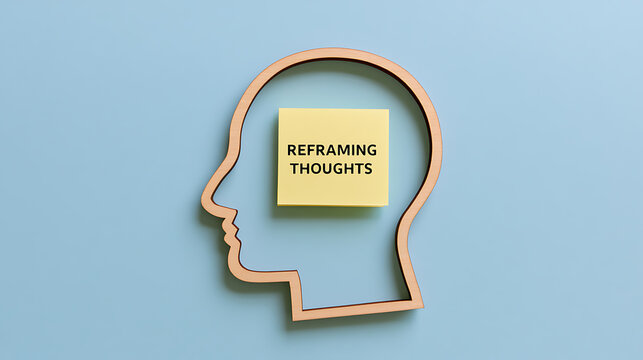 Reframing thoughts concept represented by a human head silhouette cut out in wood with a yellow sticky note inside on a blue background