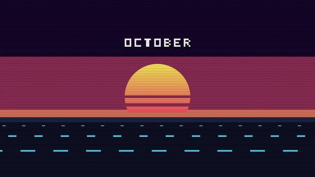 Retro 80s Synthwave Pixel Art Animation with October Text and Neon Sunset