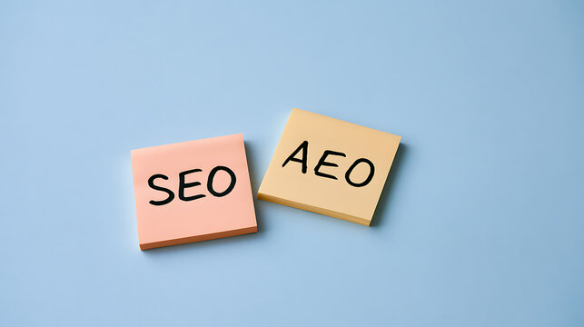 Sticky notes with SEO and AEO text on blue background representing digital marketing strategy website optimization and internet search trend