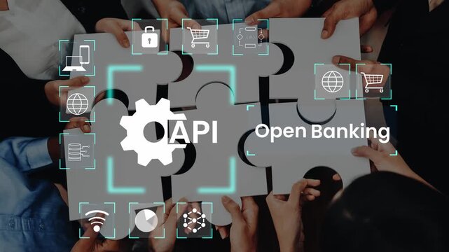 Hands Collaborating with Puzzle Pieces Symbolizing API Integration and Open Banking Concepts in a Tech-Driven Environment Gluon.