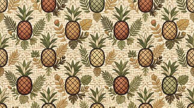 Seamless tropical pineapple pattern with botanical leaves and earthy colors for summer textiles, wallpaper, packaging, fashion, and decorative prints