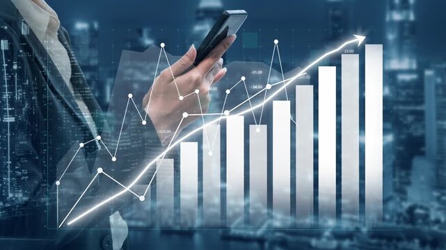 A business professional examines financial data on a smartphone amidst a visually stunning cityscape, symbolizing growth, strategy, and market trends. Copula