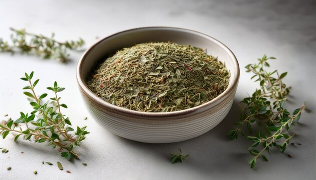 Dried Thyme Herb Leaves Are Displayed In A Round Ceramic Bowl On A Light Textured Surface With A Few Scattered Leaves Around The Bowl