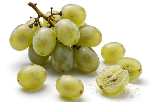Green grapes cluster with sliced and single berries on white background water drops isolated