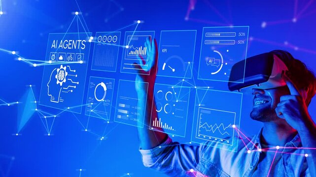 Enthusiastic Man in Virtual Reality Headset Engaging with Futuristic Graphs and Data Visualizations in a High-Tech Environment for Digital Innovation. Entropy.
