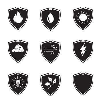 Set of shields with symbols of fire, water, sun, rock, wind, lightning, light, and leaves. Transparent Background-01.eps
