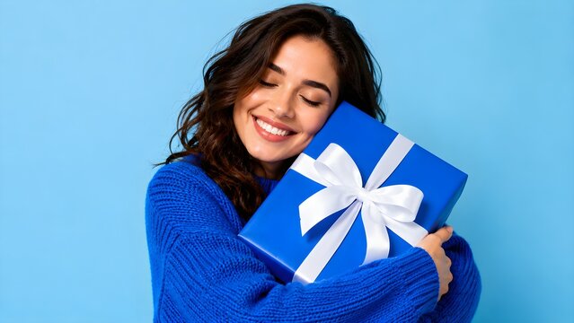 Happy young woman holding a blue gift box with white ribbon against bright blue background expressing celebration, surprise, generosity, joy, and gifting