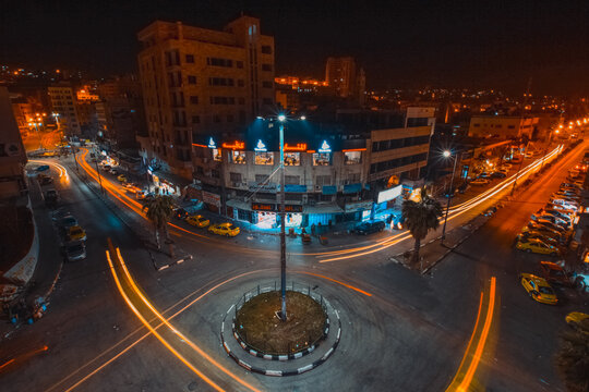 Night traffic trails around Hebron roundabout