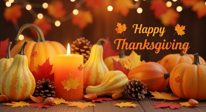 Warm thanksgiving scene with glowing pumpkins candles and festive autumn decorations