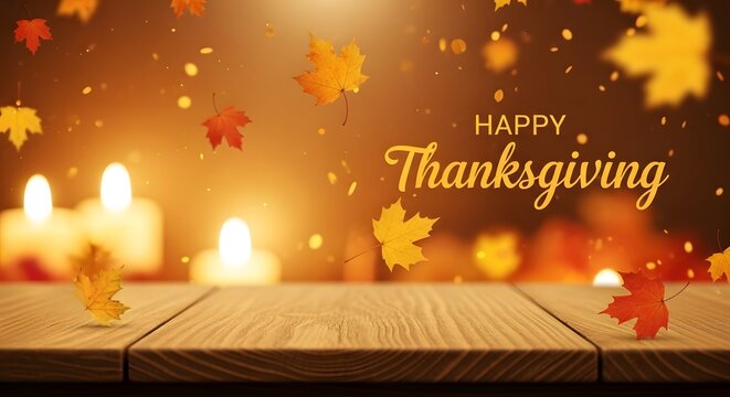 Festive thanksgiving background with blurred lights and falling autumn leaves