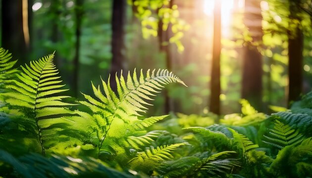 Close Up Of Fern Leaves In A Lush Forest Nature Scene With Vibrant Greenery And Sunlight Filtering Through Trees