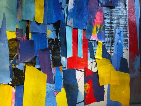 Title: Blue and Yellow Abstract Collage with Bold Red Detail