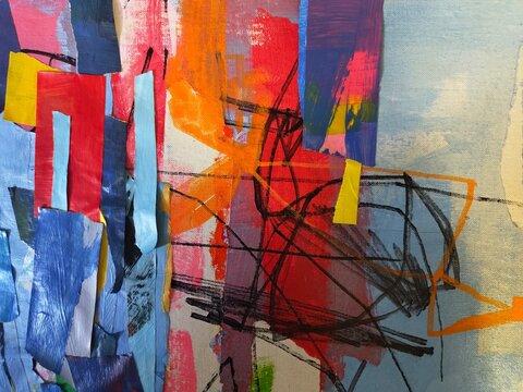 Title: Blue and Red Abstract Collage with Torn Paper Detail