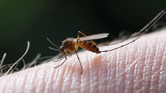 Macro close up view of mosquito drinking blood on human skin surface