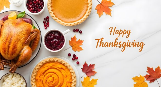Festive thanksgiving day feast with roasted turkey pumpkin pie and cranberry sauce